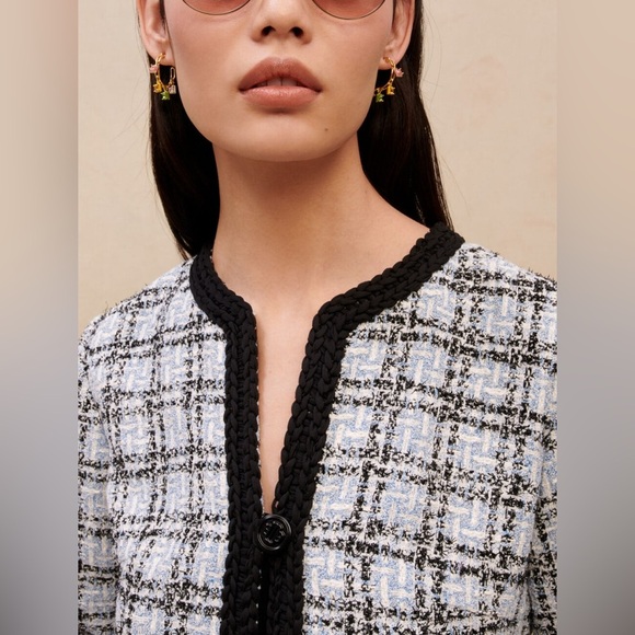 New Maje Tweed Effect Dress Blue Black Plaid Button Front Mini Size 40/L - Picture 4 of 16